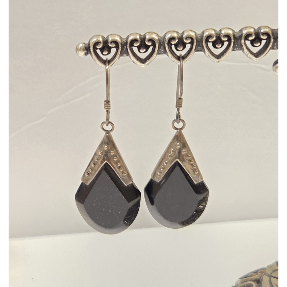 Large Vintage Sterling Silver & Onyx Teardrop Dangle Earrings 925
